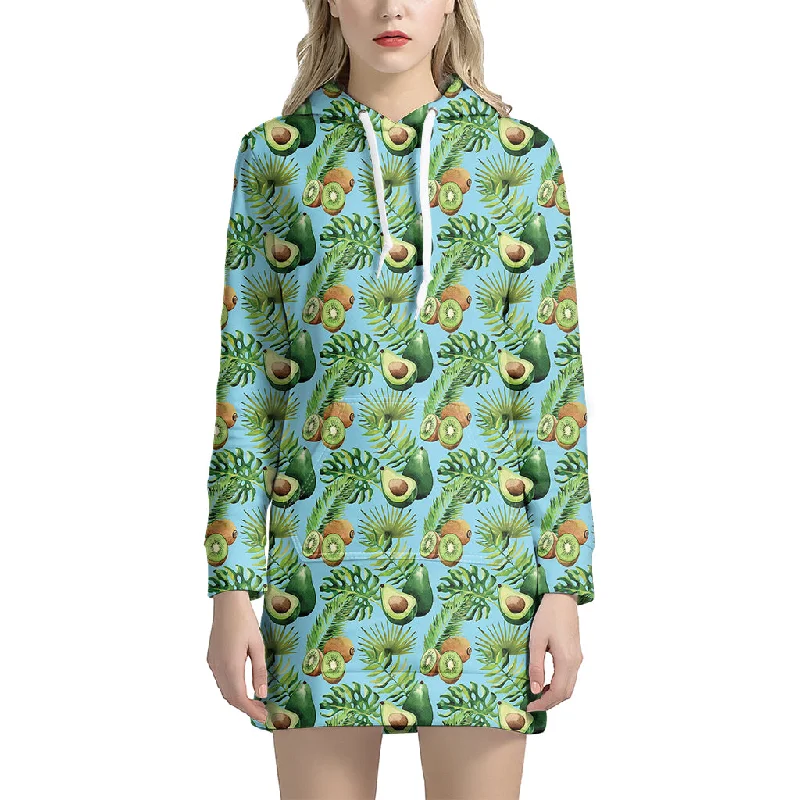 Watercolor Kiwi And Avocado Print Pullover Hoodie Dress