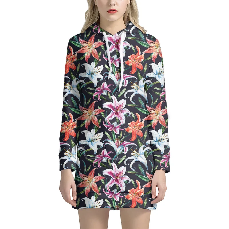 Watercolor Lily Flowers Pattern Print Pullover Hoodie Dress