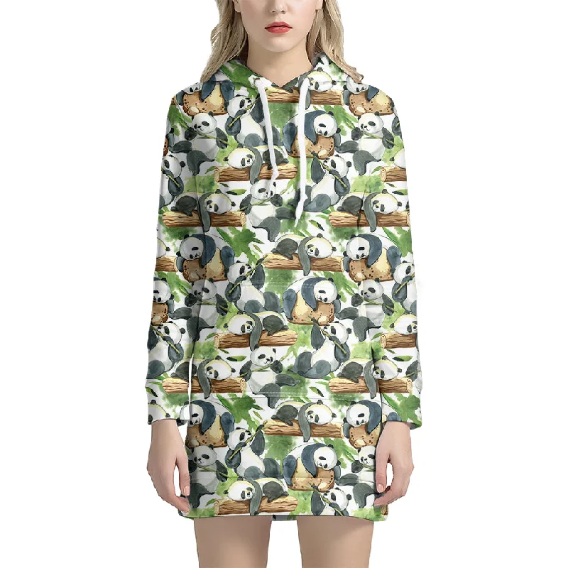 Watercolor Panda Bear Pattern Print Pullover Hoodie Dress