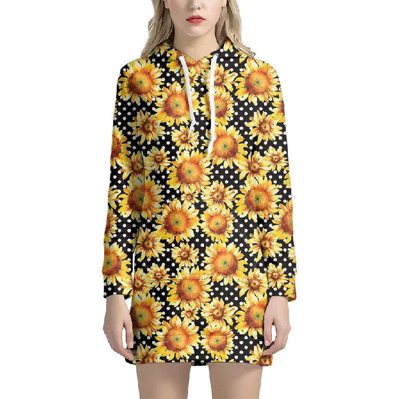 Watercolor Polka Dot Sunflower Print Pullover Hoodie Dress