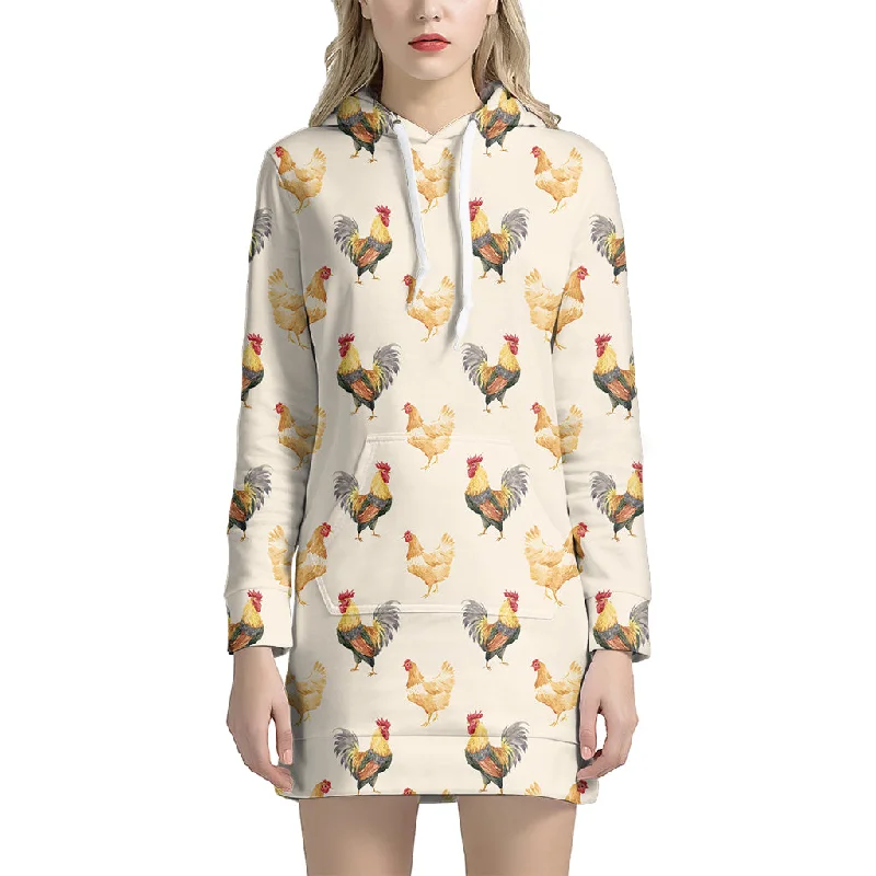 Watercolor Rooster Pattern Print Pullover Hoodie Dress