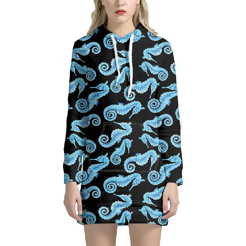 Watercolor Seahorse Pattern Print Pullover Hoodie Dress