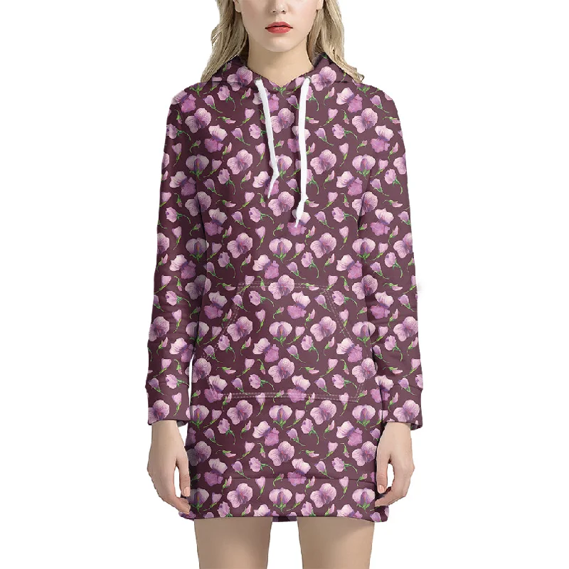 Watercolor Sweet Pea Pattern Print Pullover Hoodie Dress