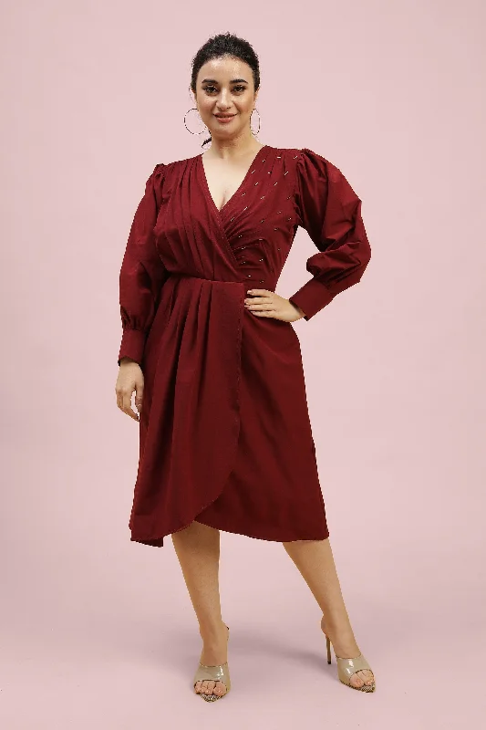 Women's Maroon Polyester Solid Dress - Curvy Lane