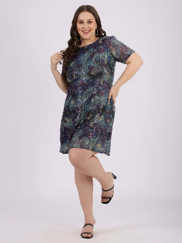 Women's Blue Polyester Self Design Dress - Curvy Lane
