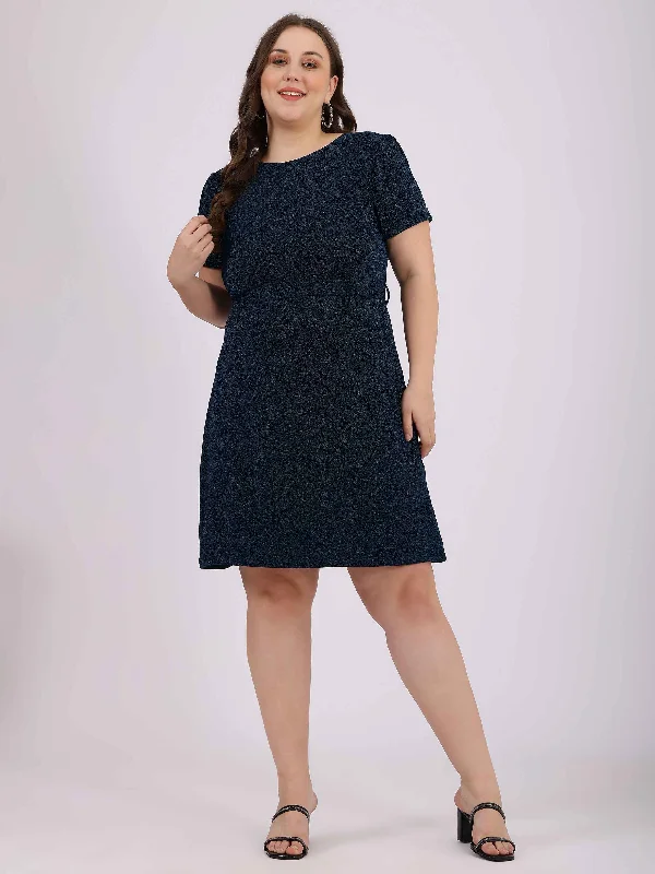 Women's Blue Polyester Self Design Dress - Curvy Lane