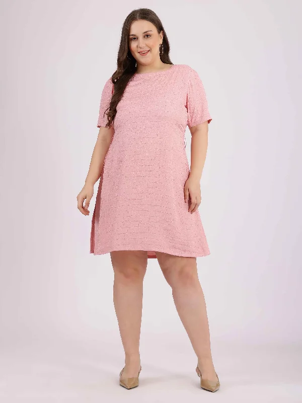 Women's Pink Polyester Self Design Dress - Curvy Lane