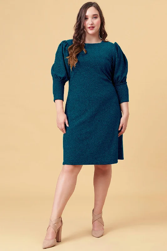 Women's Blue Polyester Self Design Dress - Curvy Lane