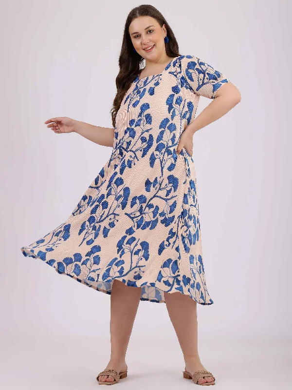 Women's Beige Polyester Printed Dress - Curvy Lane