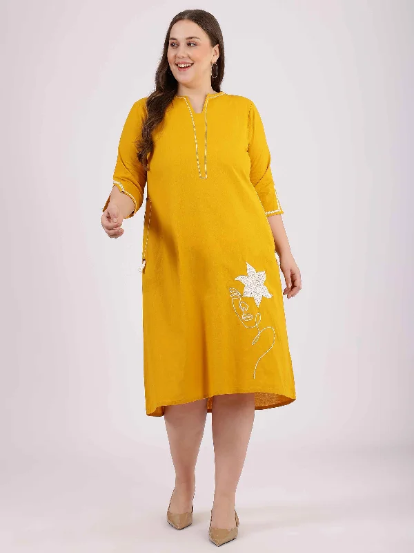 Women's Mustard Cotton Embroidered Dress - Curvy Lane