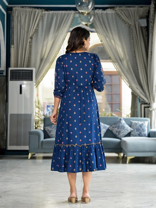 Women's Blue Liva Rayon Staple Printed Dress - Juniper