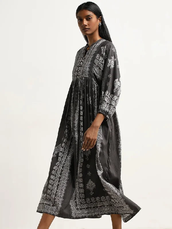 Zuba Charcoal Abstract Printed Fit-and-Flare Dress