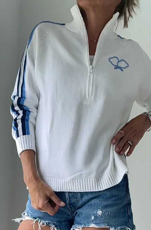 1/2 Zip Pickleball Sweater White/Blue Turtle Neck Boat Neck Asymmetrical Neck