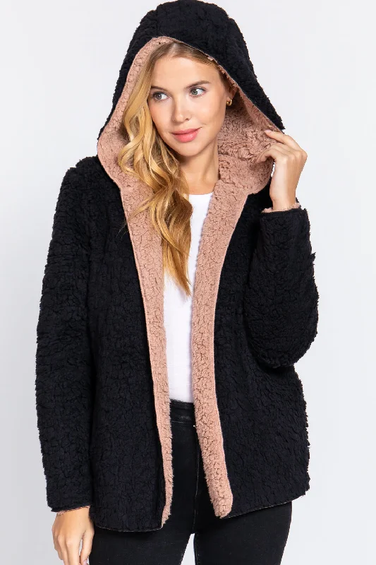 Hoodie Faux Fur Reversible Jacket Hoodie with Set-In Sleeves Structured Classic