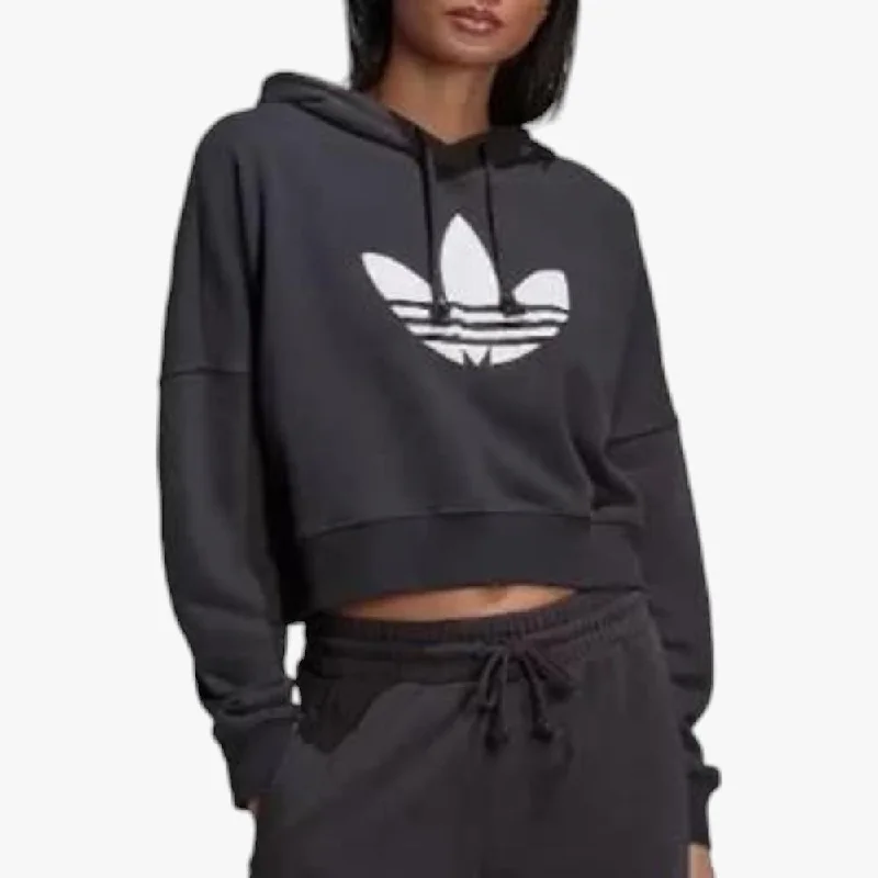 adidas Womens Cropped Hoodie Carbon Charcoal Hoodie with Typography Text Message