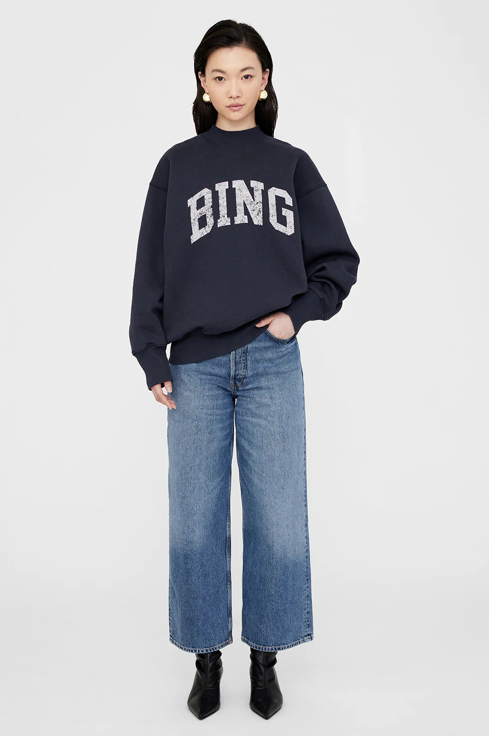 Anine Bing - Bradie Sweatshirt in Navy Hoodie with Rolled Sleeves Casual Relaxed