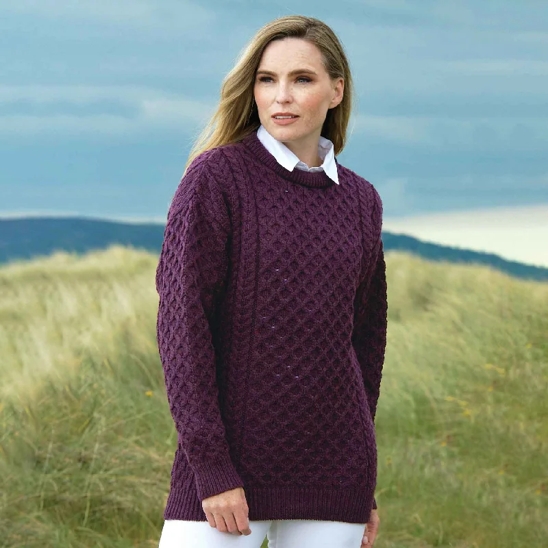 Kildare Classic Merino Crewneck Aran Sweater- Plum Notch Collar Peter Pan Collar Cowl Neck