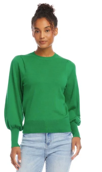 Karen Kane Puff Sleeve Sweater Green Turtle Neck Boat Neck Asymmetrical Neck