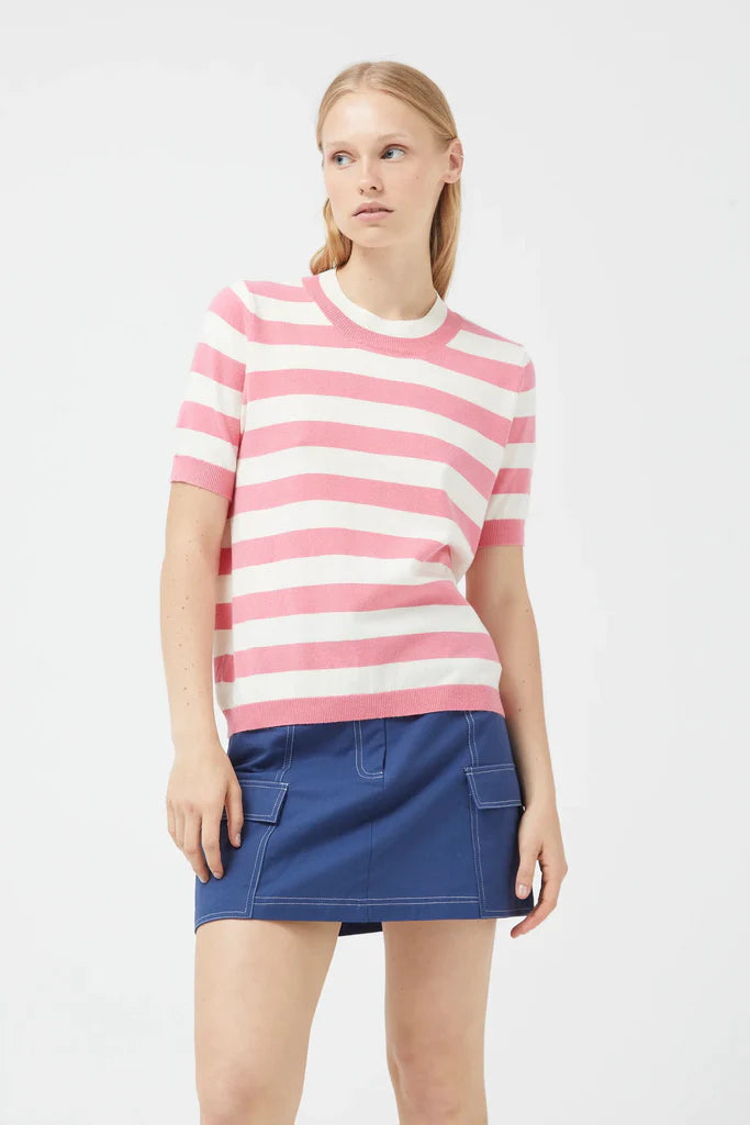 Striped Short Sleeve Sweater - Pink Toggled Drawstring Belted