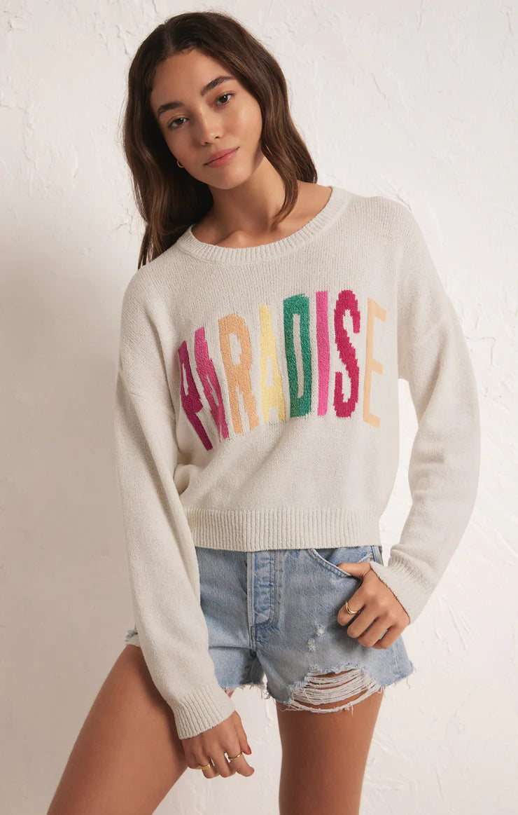 Z Supply Paradise Sweater White Graphic Sweater Embroidered Appliqued