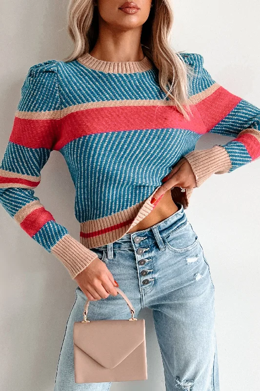 Creative Thoughts Puff Sleeve Sweater (Blue/Fuchsia/Taupe) Graphic Sweater Embroidered Appliqued