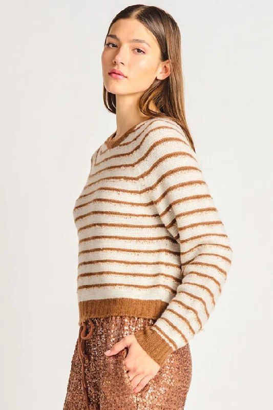 DEX Striped Sequin Sweater Notch Collar Peter Pan Collar Cowl Neck