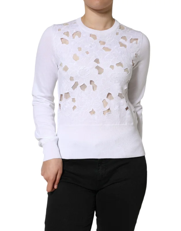 Dolce & Gabbana White Lace Cut Out Long Sleeves Pullover Sweater Elasticated Padded Insulated