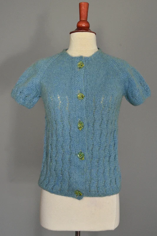 Dusty Blue Fuzzy Daisy Buttons Sweater Turtle Neck Boat Neck Asymmetrical Neck