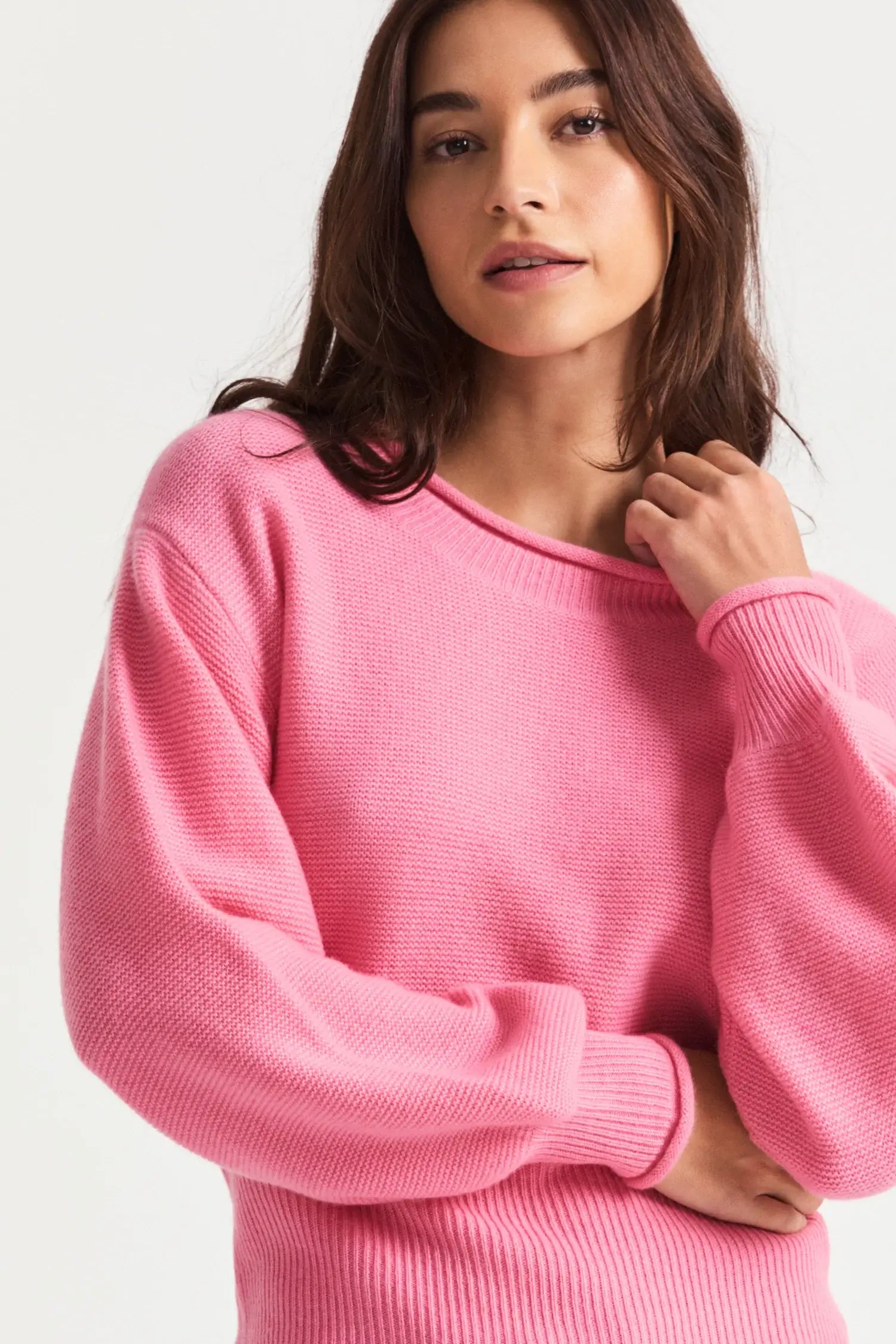 Love Shack Fancy - Emelita Pullover Sweater in Vivid Pink Lightweight Heavyweight Midweight