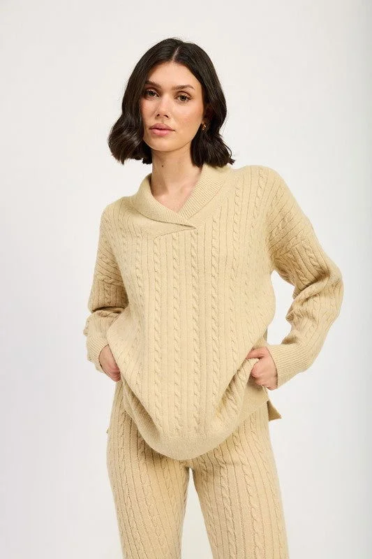 Emory Park Cable Knit Collared Sweater Top Front Pockets Side Pockets Patch Pockets