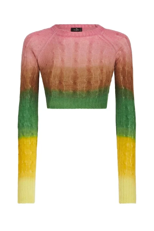 Etro Cable Knit Dip Dye Cropped Jumper - Pink/ Green Tailored Straight A-Line