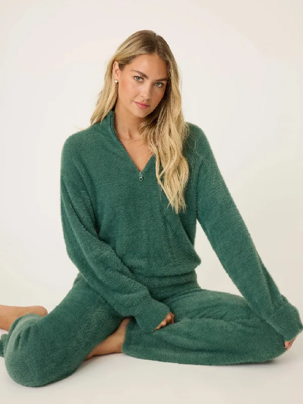 Campfire Cozy Feather Knit 1/4 Zip Sweater - Sage Leaf Spandex Blend Rayon Blend Denim Blend