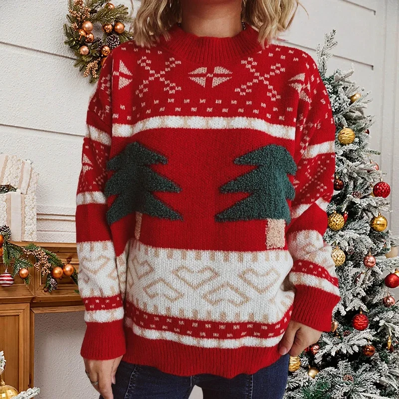 Green Christmas Sweater with Tree Embroidery - Casual Loose Retro Style Solid Print Embellished