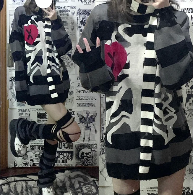 Harajuku striped sweater yv31347 Toggled Drawstring Belted