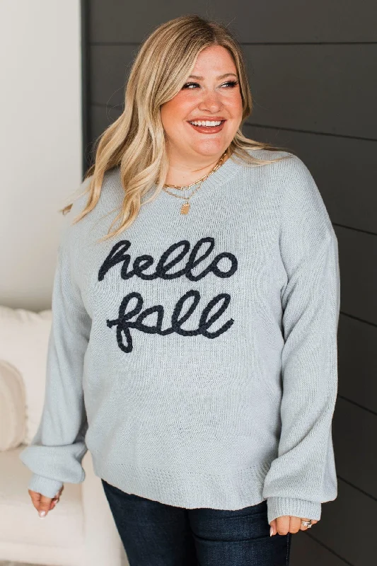 "Hello Fall" Embroidered Knit Sweater- Light Dusty Blue Zippered Buttoned Snapped