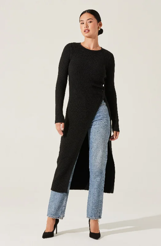 Ribbed Hi Slit Button Sweater Houndstooth Herringbone Solid