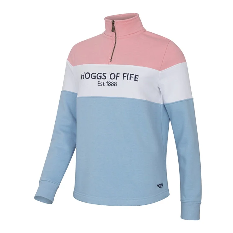 Hoggs of Fife Ladies Dumfries 1888 1/4 Zip Sweatshirt - Pink/White/Blue Graphic Hoodie Design Print