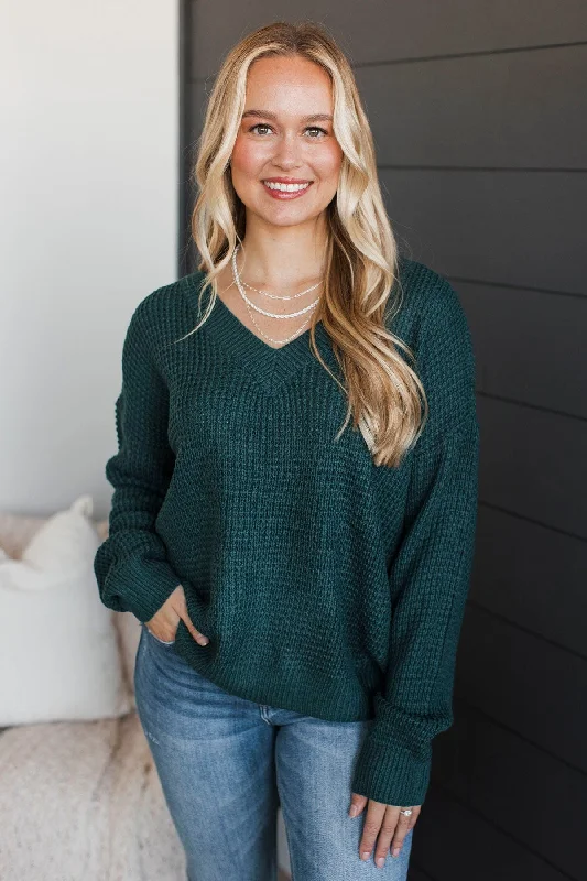 Inspiring Love V-Neck Sweater- Dark Teal Neon Metallic Matte