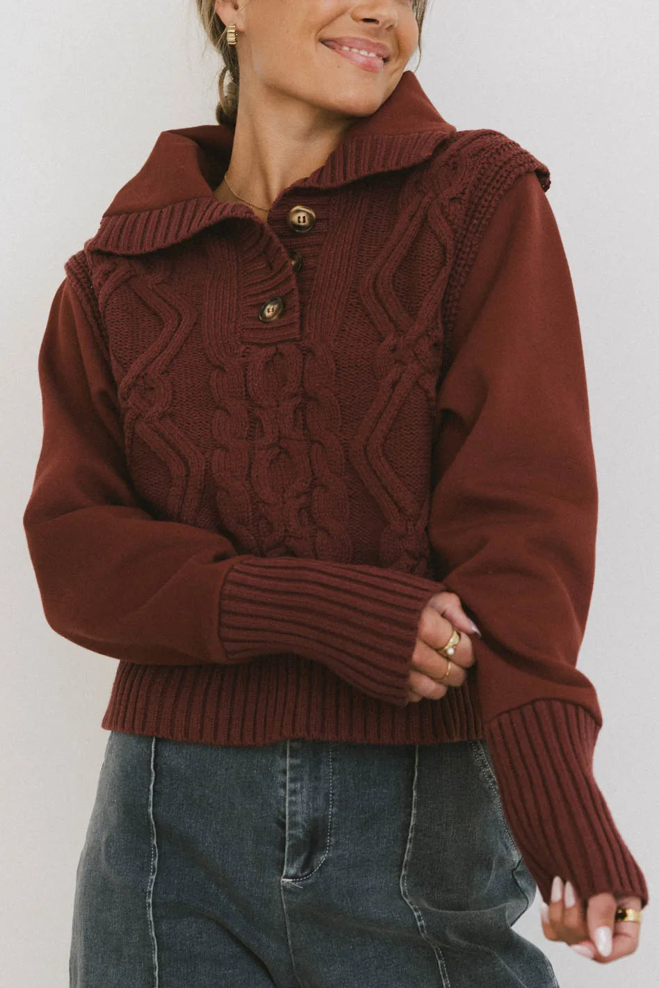 Irene Cable Knit Sweater in Burgundy Toggled Drawstring Belted