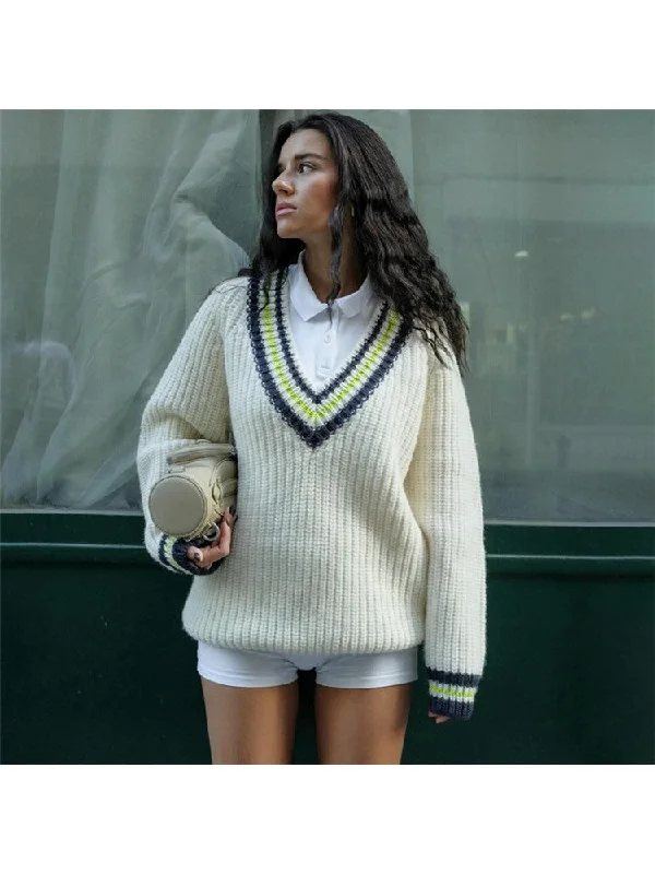 Knitted Colorblock Striped Trim V Neck Sweater Handmade Hand-knitted Hand-woven