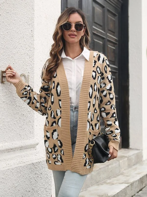 Leopard Jacquard Cardigan Sweater Solid Color Striped Floral Print