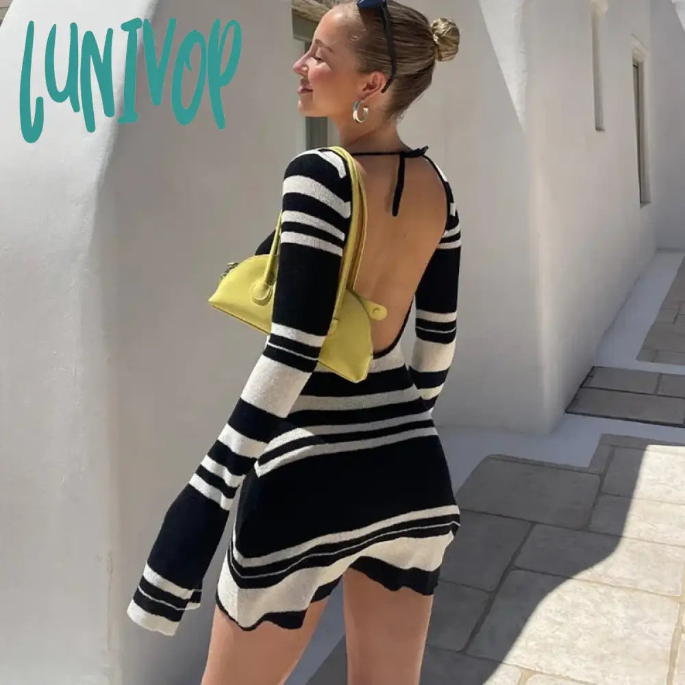 Lunivop Fashion Striped Sexy Backless Mini Dresses Autumn Club Party Flare Sleeve Sweaters Dresses for Women Beachwear Bodycon Dress Herringbone Houndstooth Plaid