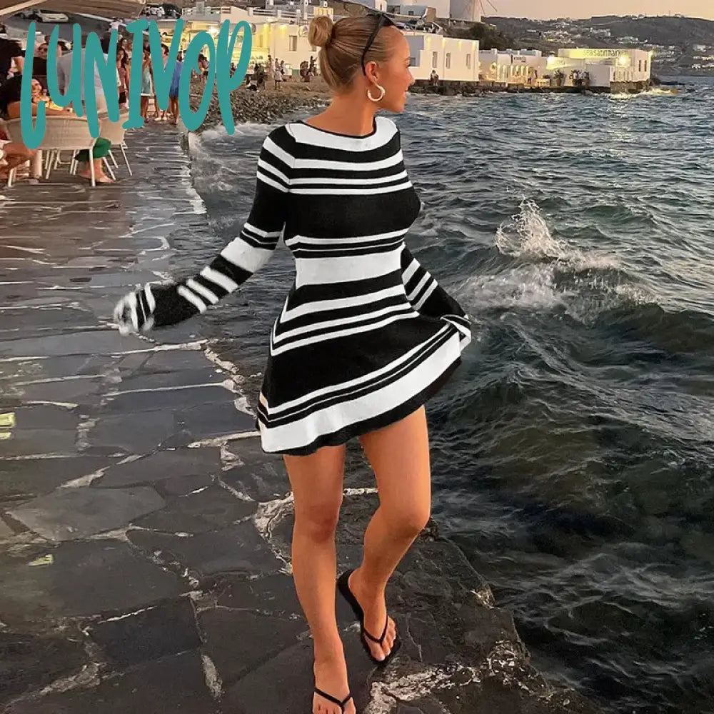 Lunivop Fashion Striped Sexy Backless Mini Dresses Autumn Club Party Flare Sleeve Sweaters Dresses for Women Beachwear Dress for Women Casual Formal Business