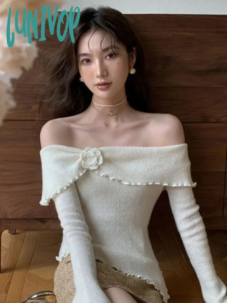 Lunivop Korean Fashion Off Shoulder Sweater Women Fairycore Aesthetic Knitted Jumper Mujer Chic Elegant Long Sleeve Top Spring Handmade Hand-knitted Hand-woven