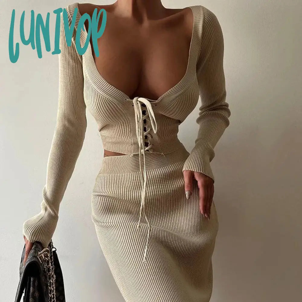 Lunivop Off Shoulder Fashion Sexy Bandage Top and Skirt Co-ords Sets Elegant Outfits Knitted Sweater Two Piece Sets Autumn  Club Skirt Sets Graphic Sweater Embroidered Appliqued