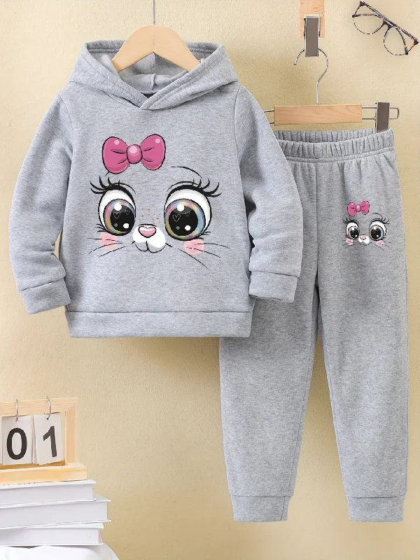 Girls 2-Piece Cartoon Cat Pattern Hooded Sweatshirt and Sweatpants Set 🐱👧 Hoodie with Hem Drawcord Adjustable Customizable