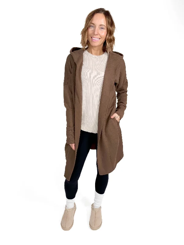 MONO B Whistler Longline Hoodie Cardigan- DARK EARTH Hoodie with Frayed Bohemian Relaxed