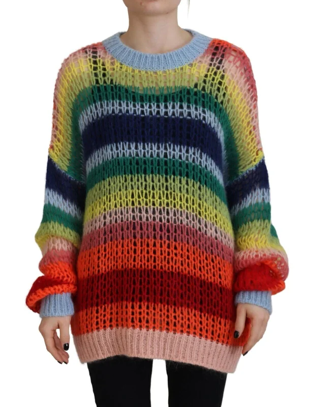 Multicolor Knitted Mohair Crewneck Pullover Sweater Lightweight Heavyweight Midweight