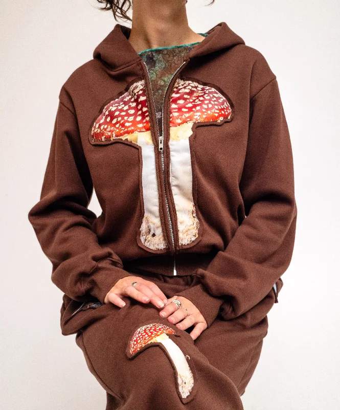 Mushroom Embossed Graphic Zip Up Hoodie Hoodie with Thumb Holes Functional Cozy