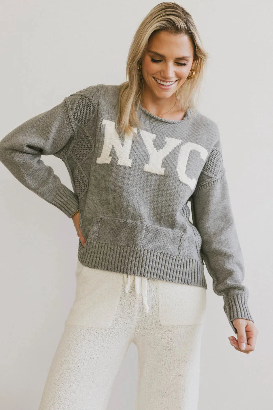 NYC Cable Knit Sweater Embroidered Appliqued Beaded